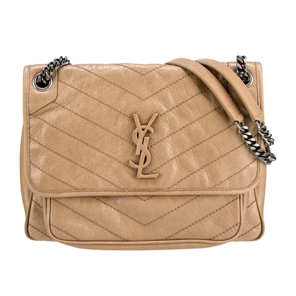 Saint Laurent Medium Niki Tan Crinkled Calfskin Matelasse Monogram Satchel